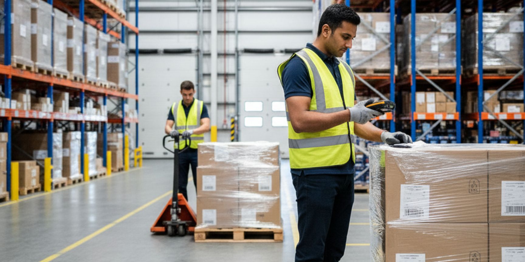 Lagerarbeiter in Warnweste scannt mit MDE-Gerät eine Palette mit verpackten Kartons in einer modernen Lagerhalle mit Hochregalen. Im Hintergrund ein weiterer Mitarbeiter mit Hubwagen